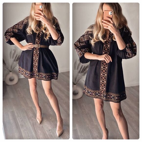 Linen Blend Zara Short Boho Embroidered Oversized Dress NWT - Picture 1 of 5